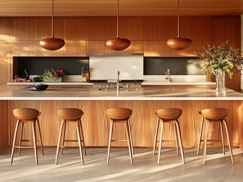 A modern kitchen with wood cabinetry and a long island