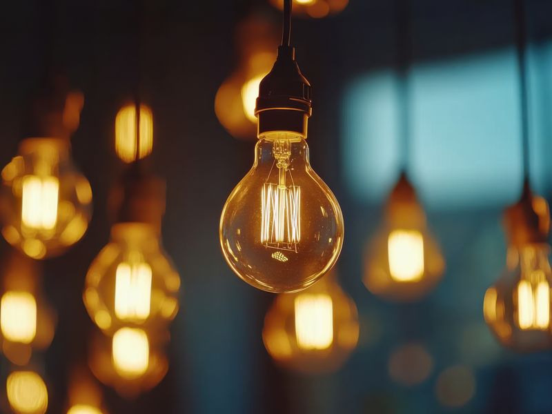A row of warm Edison filament pendant bulbs