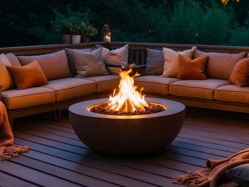 An outdoor sofa around a lit fire pit on a timber deck at dusk