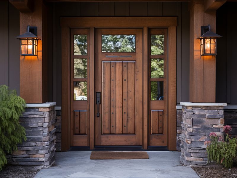 A stained wood front door framed by stone veneer and lantern lights