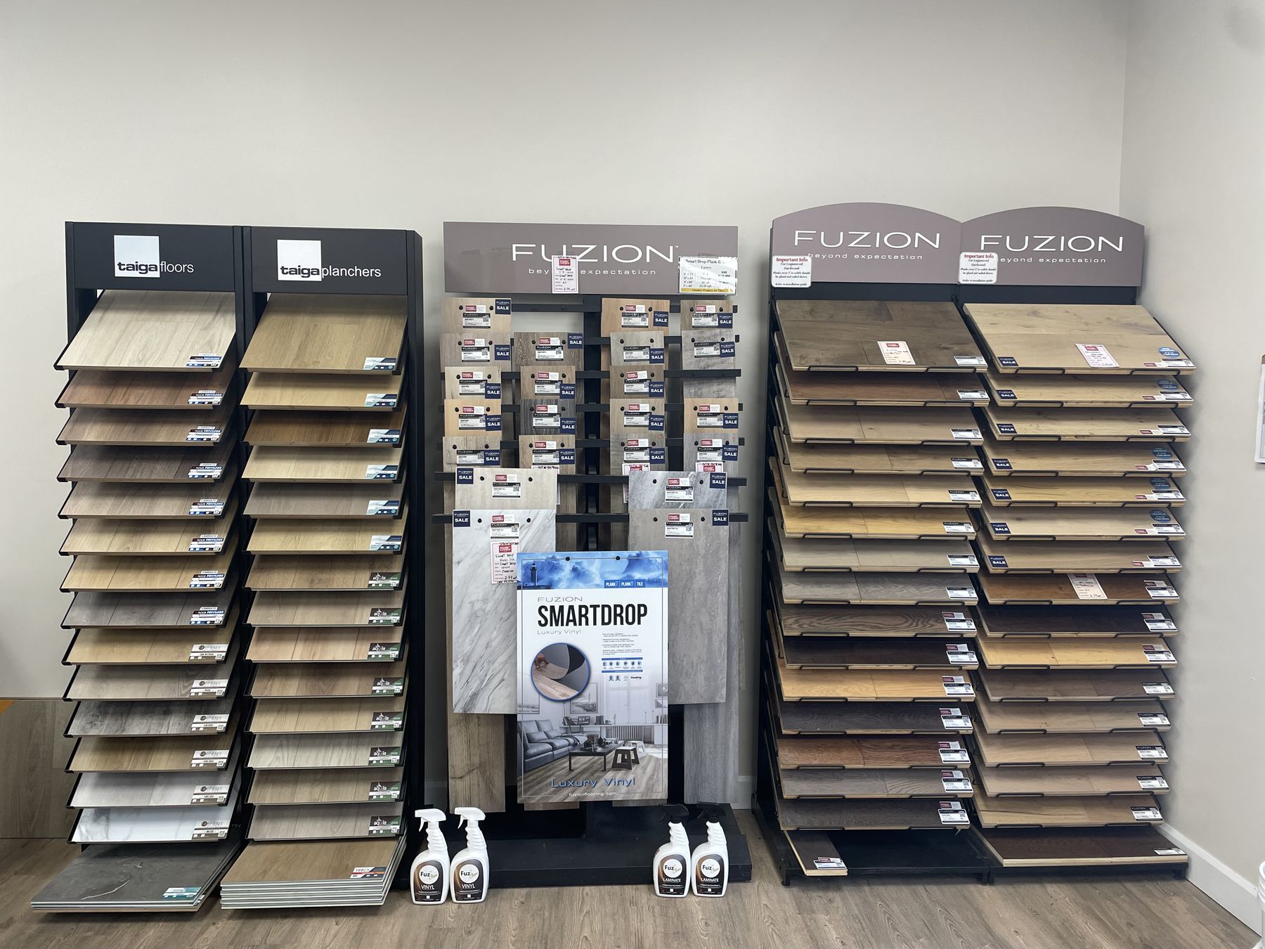 Taiga and Fuzion flooring sample racks in the Emard showroom in Morrisburg