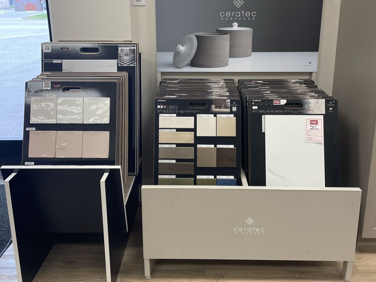 Ceratec tile sample displays in the Emard showroom in Morrisburg