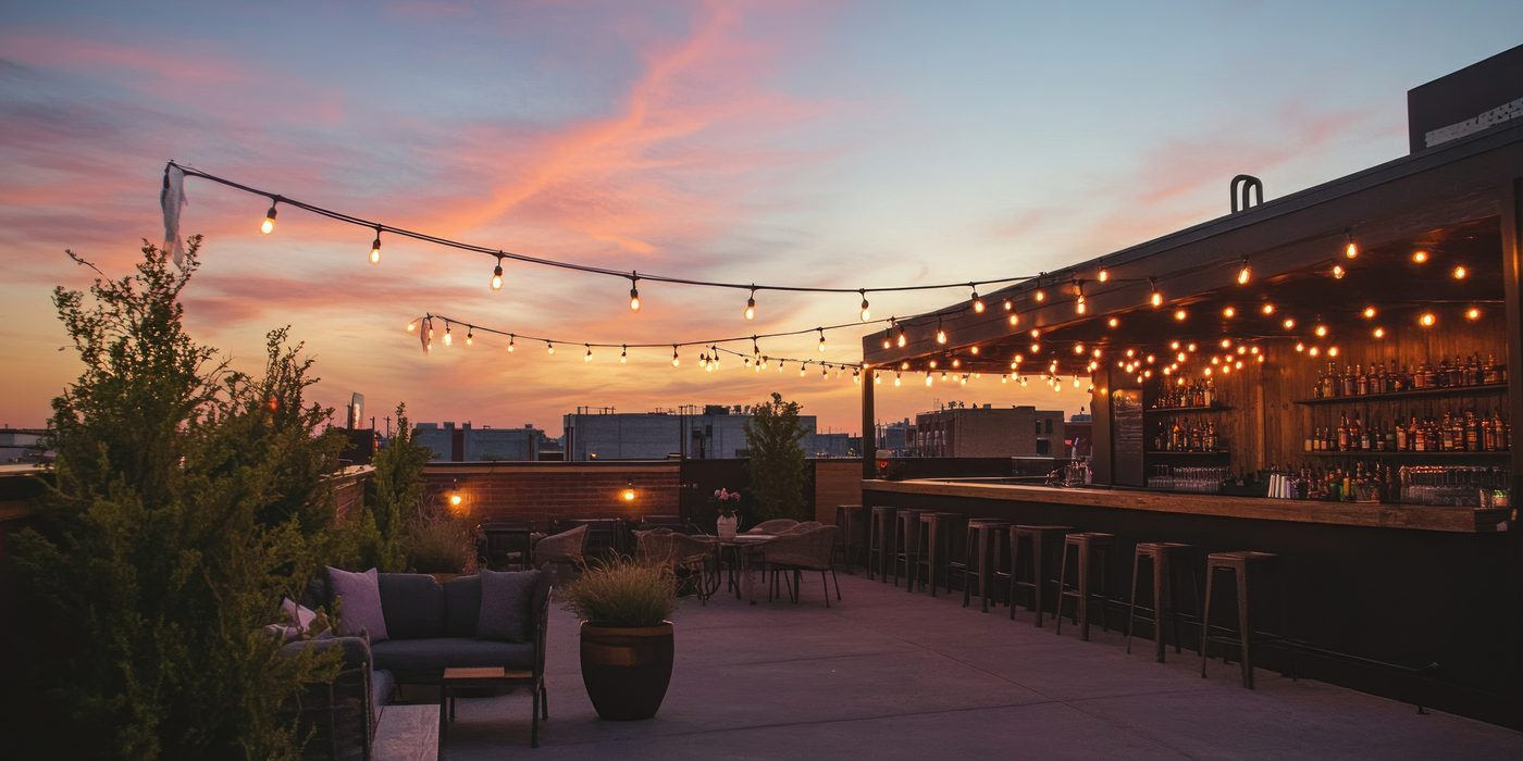 A timber deck at dusk, strung with festoon lights above outdoor seating